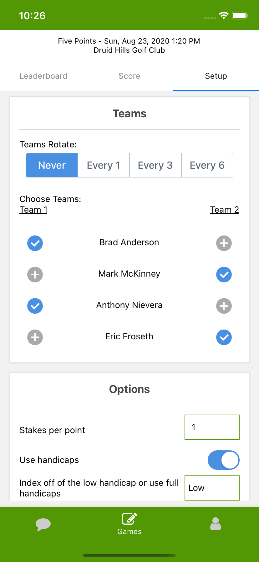 Game setup options